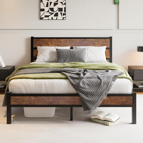DUMEE Queen Bed Frame with Wood Headboard and Footboard, Metal Bed Frame Queen Size Under Bed Storage, No Box Spring Needed, Enhanced Support Noise Free (Black+Brown Oak)