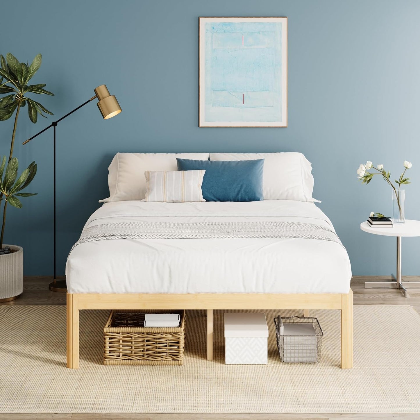 LAKKURI 18 Inch High Bamboo Wood King Size Bed Frame Platform, Steel Slat Support King Bed Frame, Sturdy, No Box Spring Needed, Easy Assembly, Noise Free