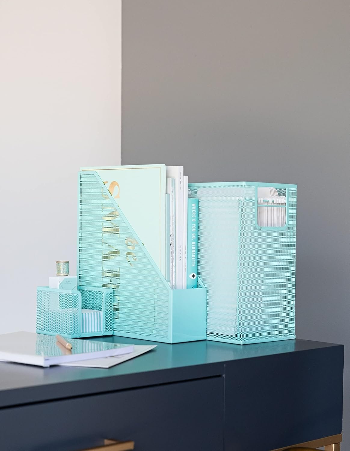 Blu Monaco 5 Piece Cute Office Supplies Aqua Desk Organizer Set - with Desktop Hanging File Organizer, Magazine Holder, Pen Cup, Sticky Note Holder, Letter sorter - Aqua Desk Accessories