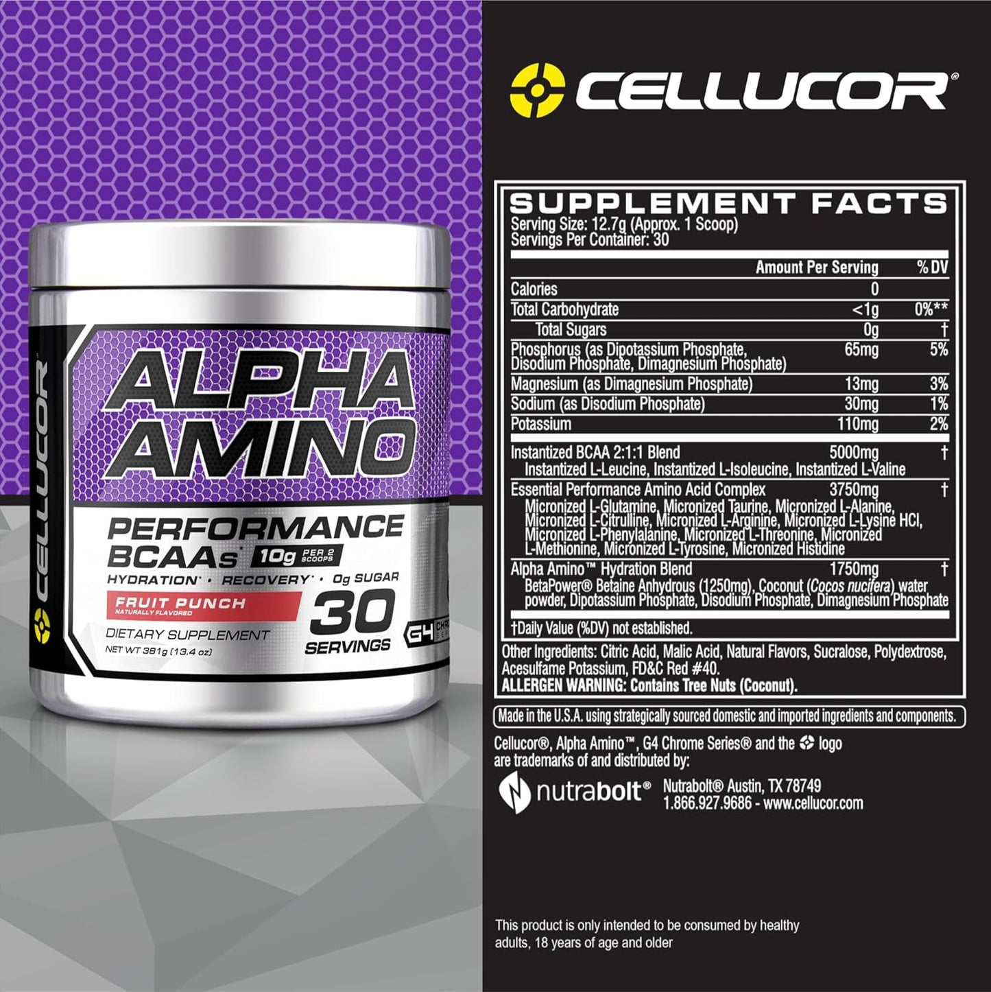 Cellucor Alpha Amino BCAA Supplement with BetaPower, 30 Servings, Fruit Punch, 381 Grams