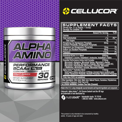 Cellucor Alpha Amino BCAA Supplement with BetaPower, 30 Servings, Fruit Punch, 381 Grams