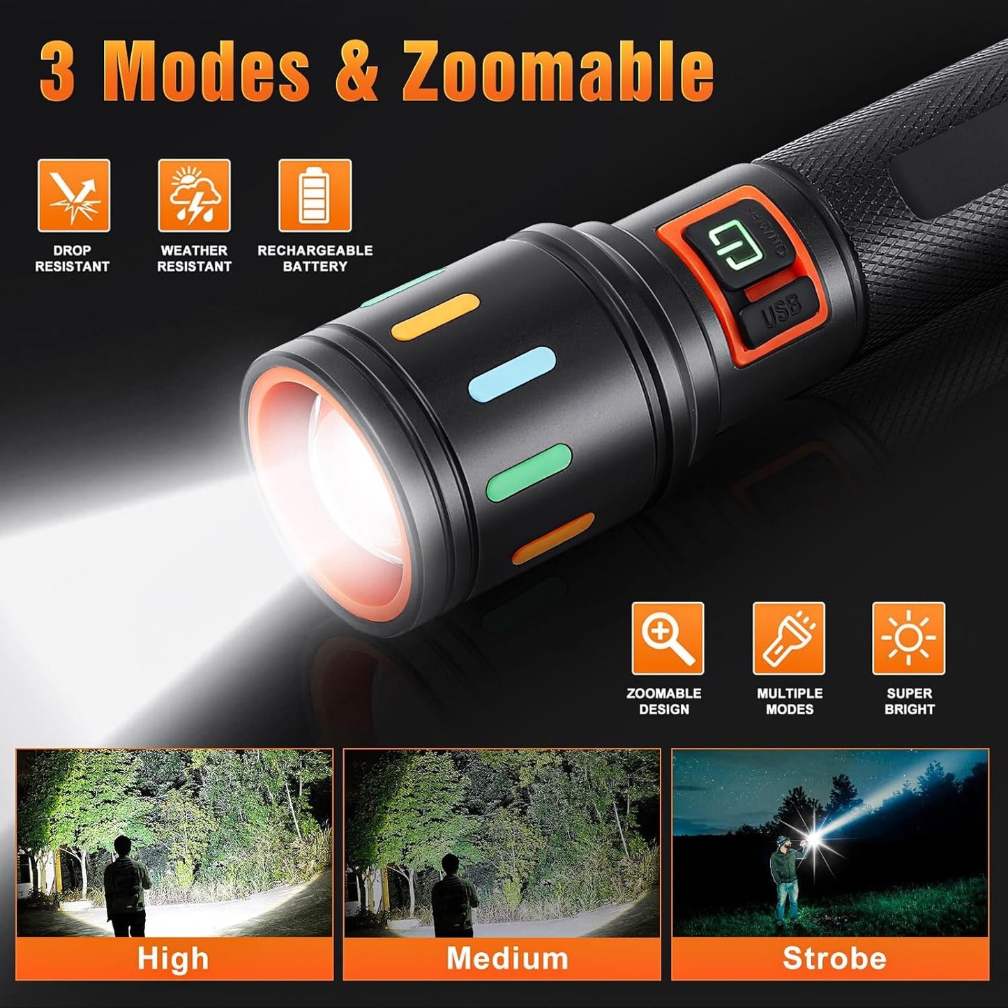 Ciwuzxs Super Bright Tactical Flashlight, LED Flashlights, High Powered 2000 Lumens with 3 Lighting Modes, Zoomable Waterproof Flash Lights for Emergency, Outdoor, Home, Camping, Hiking
