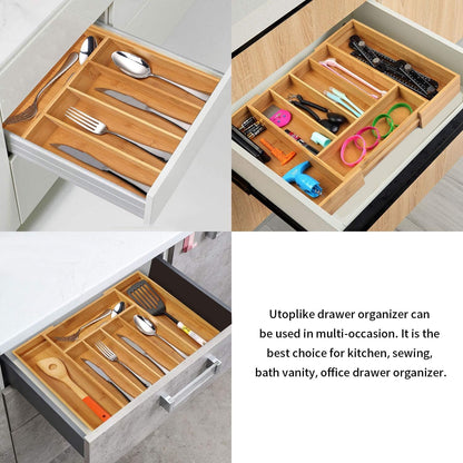 SafeHouseware Bamboo Expandable Cutlery Organizer Tray: Holds Silverware, Flatware, Utensils, Cutlery, Accessories or Gadgets Size:11.5" - 18" W X 15"d X 2" H