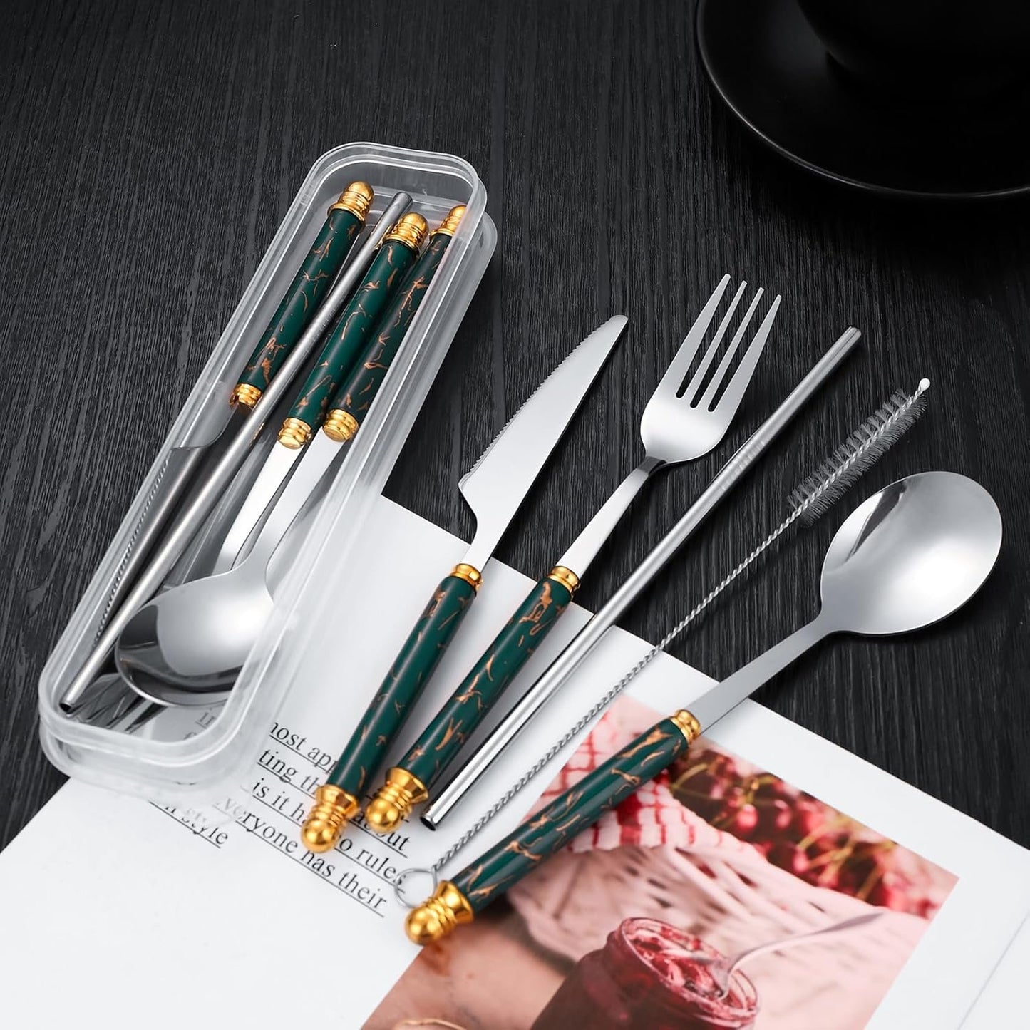 Facune 4 Colors Portable Stainless Steel Flatware Sets, Reusable Travel Cutlery with Case, Utensil Set Include Knife Fork Spoon Straw Brush for Lunch Box