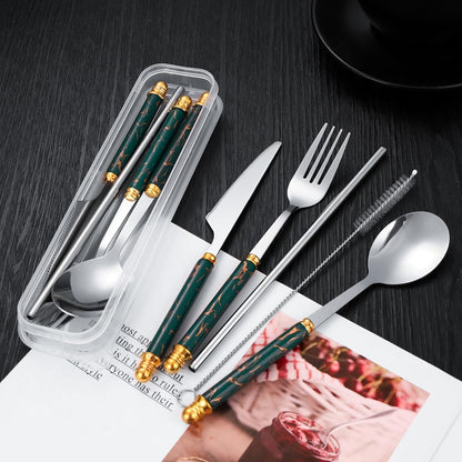 Facune 4 Colors Portable Stainless Steel Flatware Sets, Reusable Travel Cutlery with Case, Utensil Set Include Knife Fork Spoon Straw Brush for Lunch Box