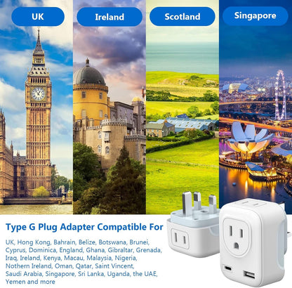 UK Ireland Hong Kong Travel Plug Adapter, HITRENDS Canada US to UK Plug Adapter with 2 American Outlets & USB-A &USB-C, Type G 4 in 1 Travel Adaptor to England Scotland Singapore - 1 Pack