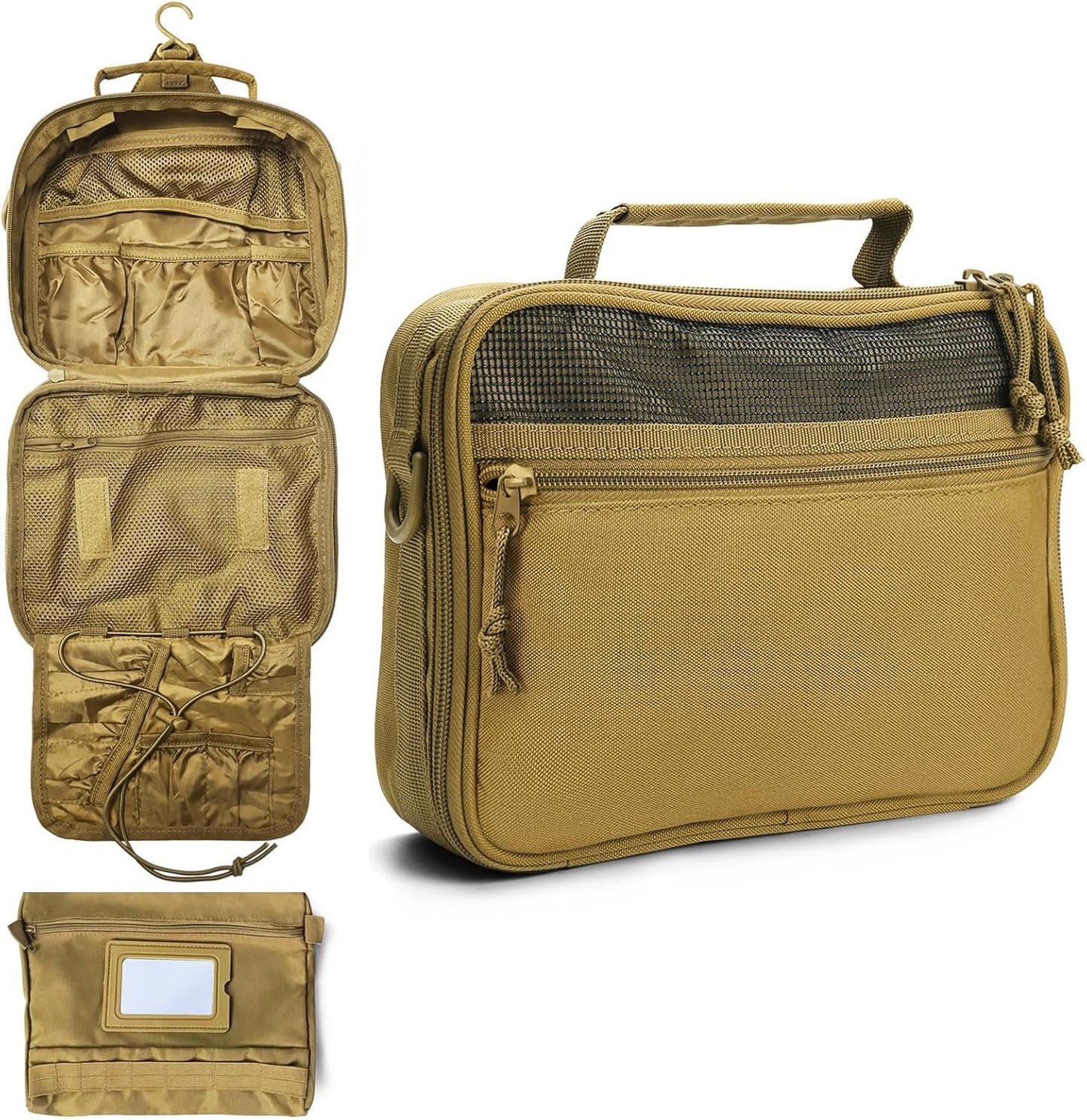 SMONT Mens Toiletry Travel Bag With Double Side full Open Design Travel Toiletry Organizer Dopp Kit Shaving Hygiene Bag Bathroom Hanging Toiletry Bag for Short Trips Tactical Toiletry Bag, Khakiï¼ˆNo