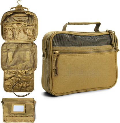 SMONT Mens Toiletry Travel Bag With Double Side full Open Design Travel Toiletry Organizer Dopp Kit Shaving Hygiene Bag Bathroom Hanging Toiletry Bag for Short Trips Tactical Toiletry Bag, Khakiï¼ˆNo