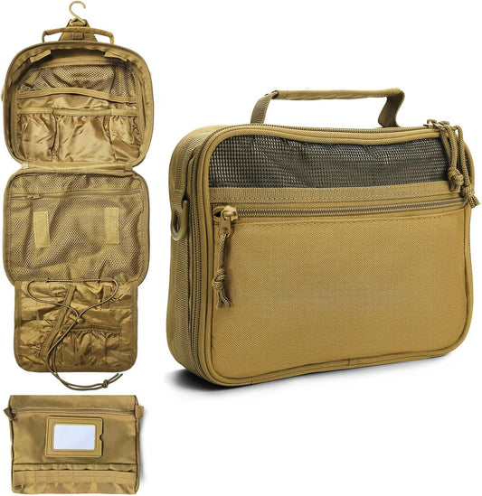 SMONT Mens Toiletry Travel Bag With Double Side full Open Design Travel Toiletry Organizer Dopp Kit Shaving Hygiene Bag Bathroom Hanging Toiletry Bag for Short Trips Tactical Toiletry Bag, Khakiï¼ˆNo