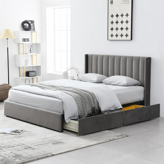 YUHUASHI Upholstered Queen-Size Platform Bed Frame with 4 Storage Drawers and Headboard, Velvet Upholstery with Wooden Slats Support, No Box Spring Required (Grey, Queen)