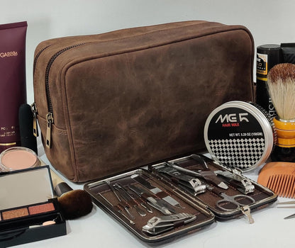 Genuine Leather Travel Toiletry Bag - Dopp Kit Organizer by Rustic Town (Dark Brown)
