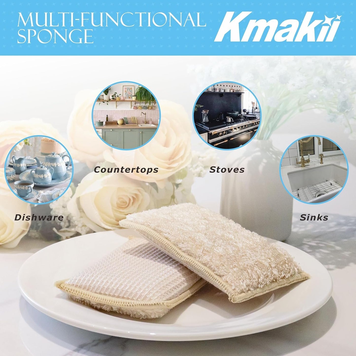KMAKII Bamboo Kitchen Sponges Dish Sponge Super Absorbent Natural Dish Sponges, Pack of 6