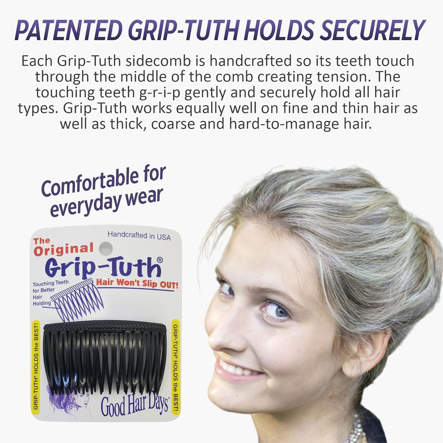 Good Hair Days Grip-Tuth Shorty Combs - Decorative & Styling Combs for Fine and Thin Hair (Crystal, 2 Count - 1 3/4 inch)