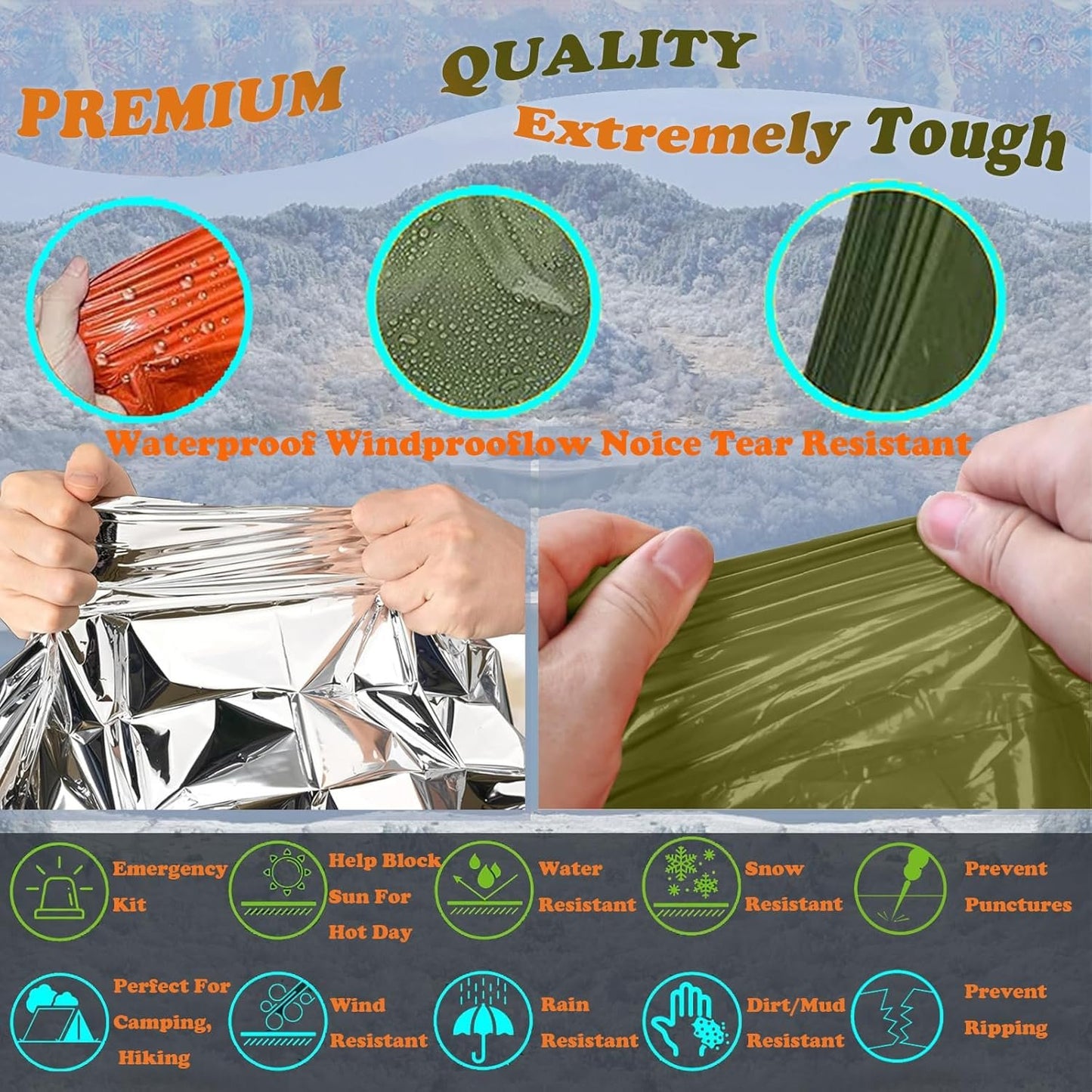 4X Survival Gear kit, Emergency Poncho (2pc), Emergency Space Blanket (2pc), Mylar Liner - Retains 92% Body Heat, for Outdoors, Hiking, Camping, Bug Out Bag, Marathons or First Aid, Car (Green)