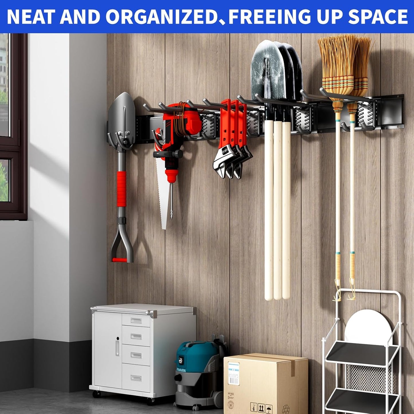 Garage Organization Tool Organizer Wall Mount, 48inch Heavy Duty Garden Tool Storage System, Easy Install With 6 Adjustable Hooks, For Home, Garage, Outdoor, Workshops (Black)