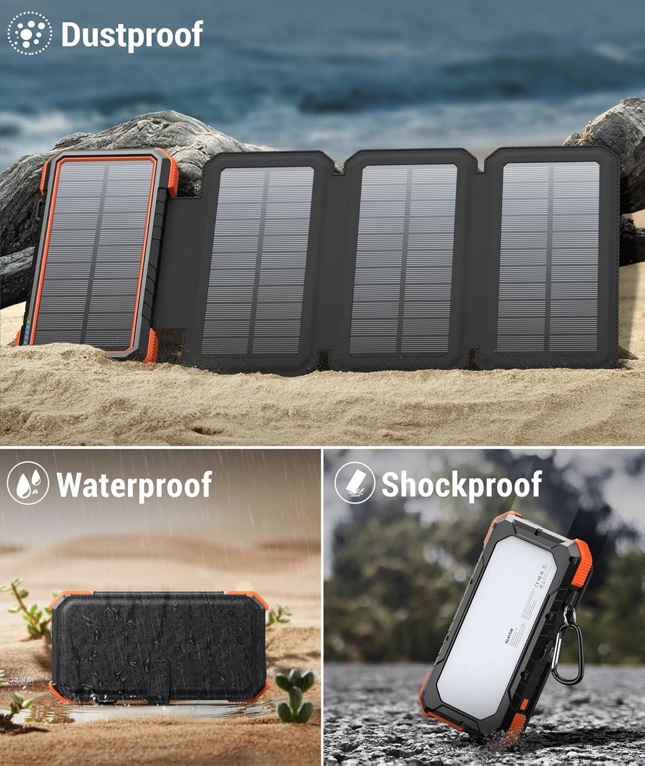 BLAVOR Solar Charger Five Panels Detachable, Qi Wireless Charger 20000mAh Portable Power Bank with Dual Output Type C Input Flashlight and Compass Kit