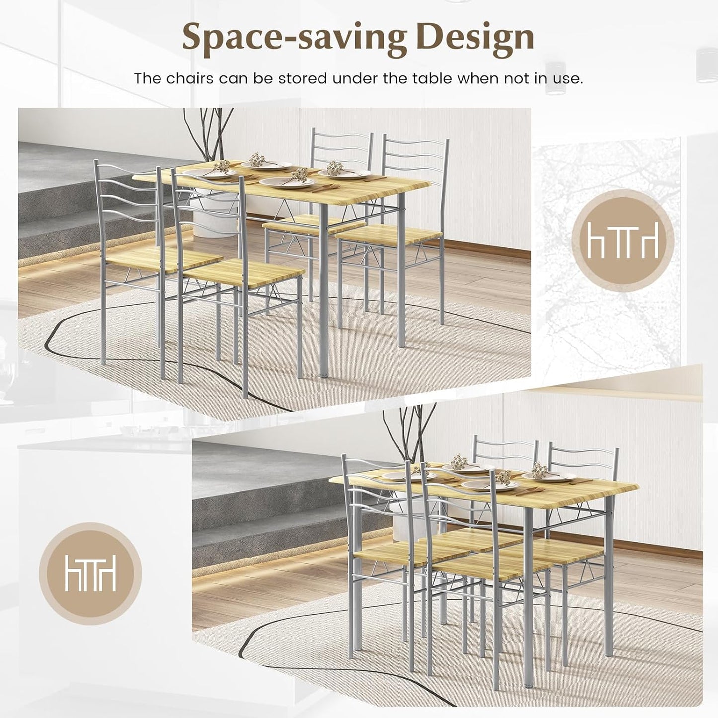 Giantex 5 PCS Dining Table Set, Counter Height Table with Spacious Rectangular Tabletop, Dining Desk w/ 4 High Backrest Chairs & Anti-Slip Pads, Kitchen Furniture for Home Restaurant (Silver+Natural)