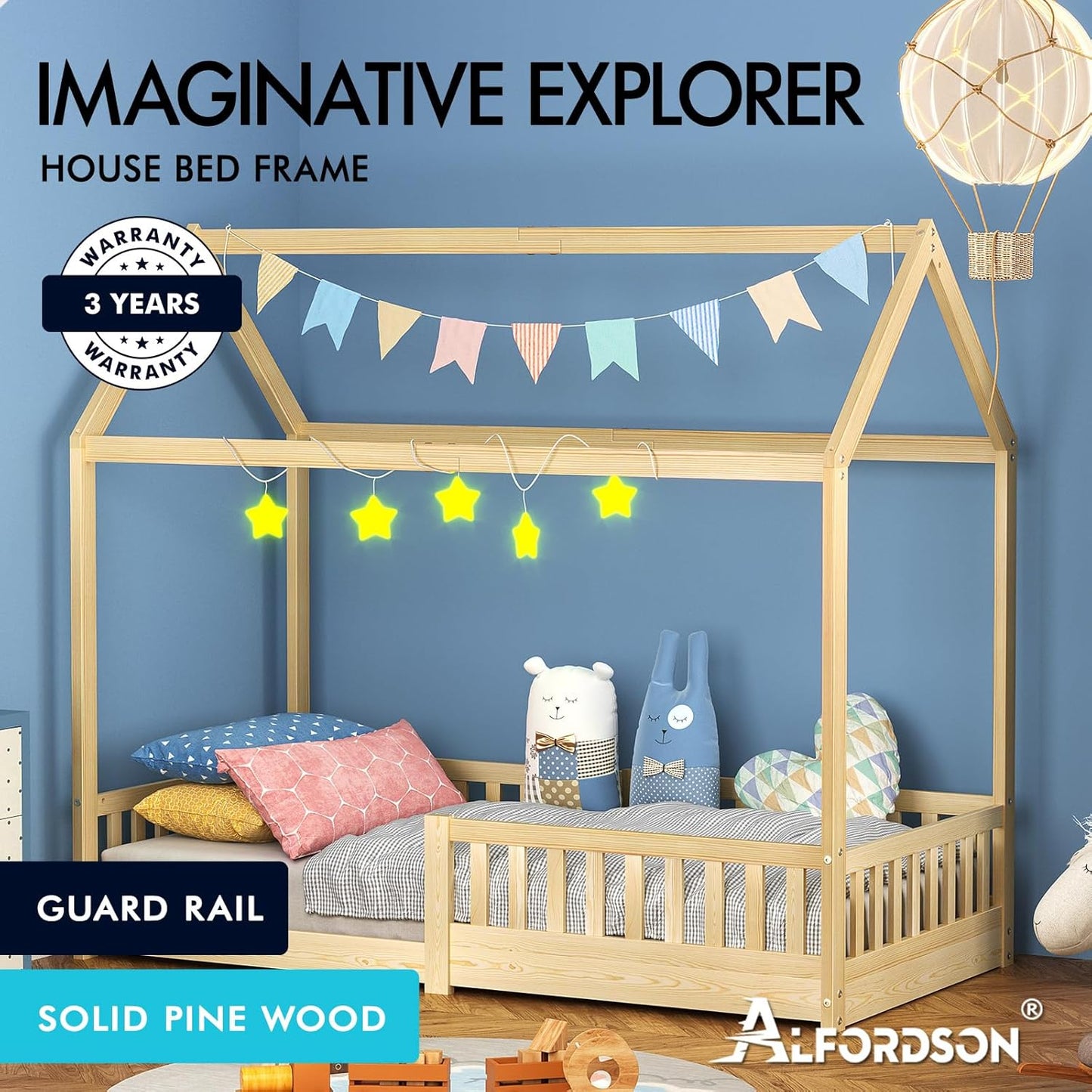 ALFORDSON Renaud Series Oak Kids Bed Frame, Wooden Bedroom Furniture, House Frame Single Mattress Base Platform, Solid Pine Wood Bed Base Foundation Children's Beds