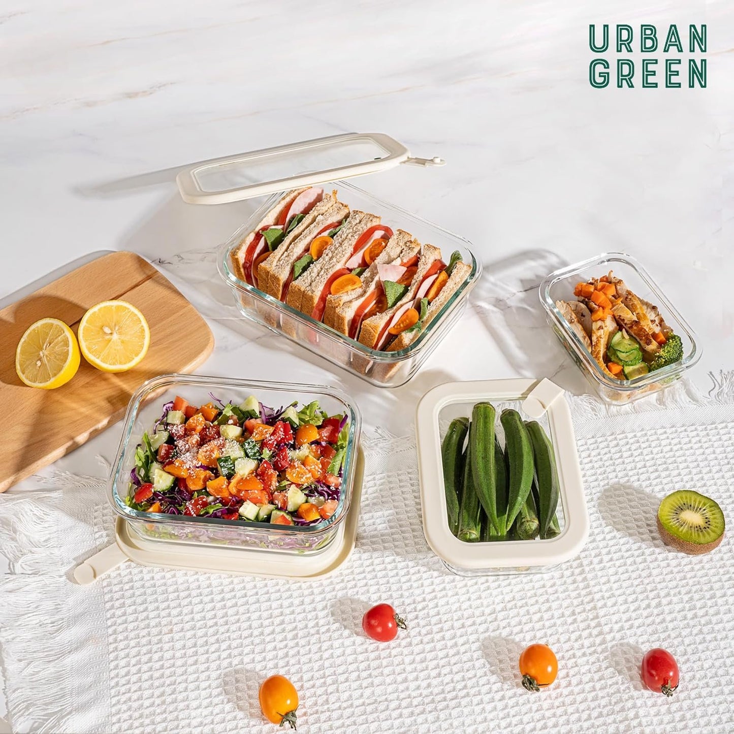 Urban Green Glass Food Storage Containers with Glass Lids, Microwave Safe Food Container Set, Aitight Meal Prep Container Set, LeakProof, 100% Plastic Free, 4 Pack