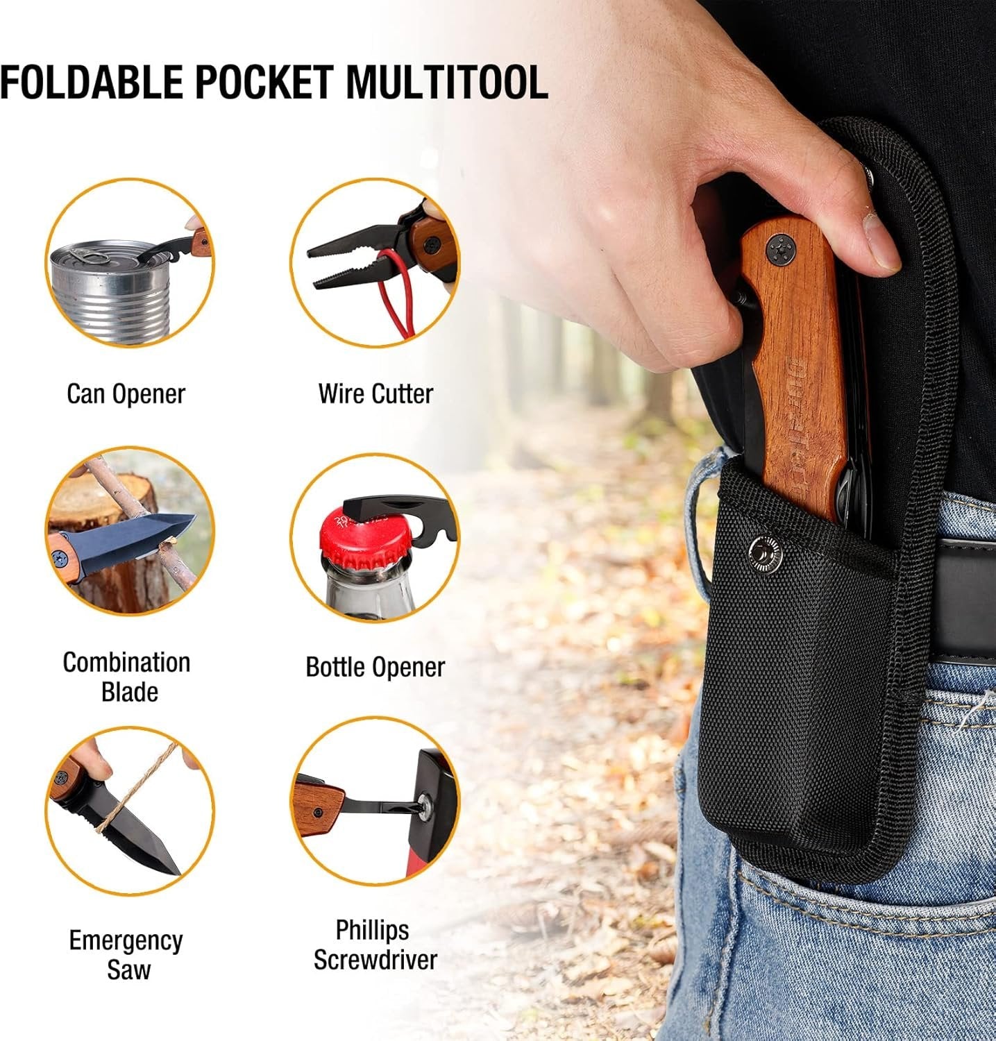 DURATECH 9-in-1 Multitool with Safety Locking, Wood Handle Pocket Multi Tool with Pliers Knife Bottle Opener Screwdriver Saw for Outdoor, Survival, Camping Hunting, Fishing and Hiking