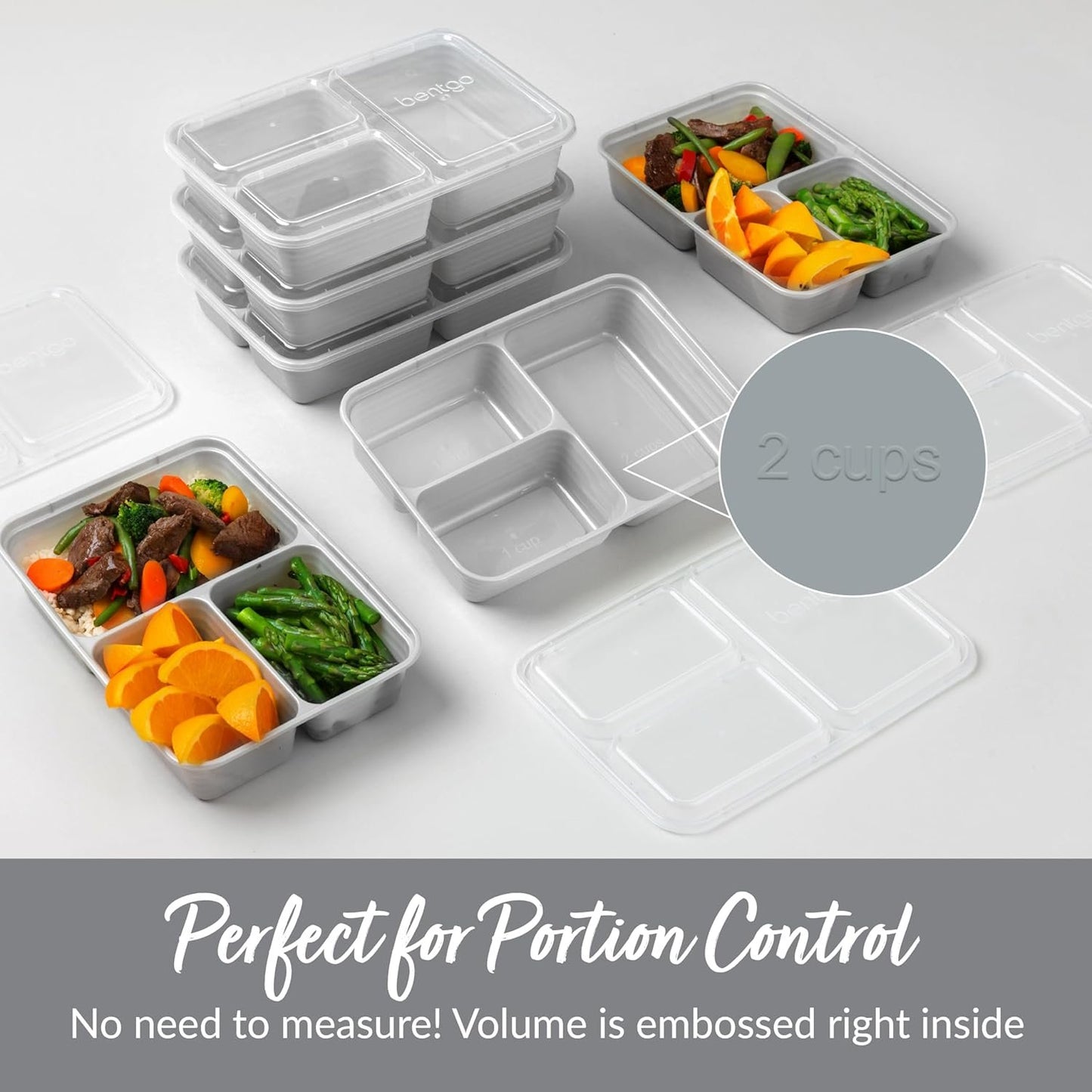 Bentgo Prep 3-Compartment Meal-Prep Containers with Custom-Fit Lids - Microwaveable, Durable, Reusable, BPA-Free, Freezer and Dishwasher Safe Food Storage Containers - 10 Trays & 10 Lids (Silver)