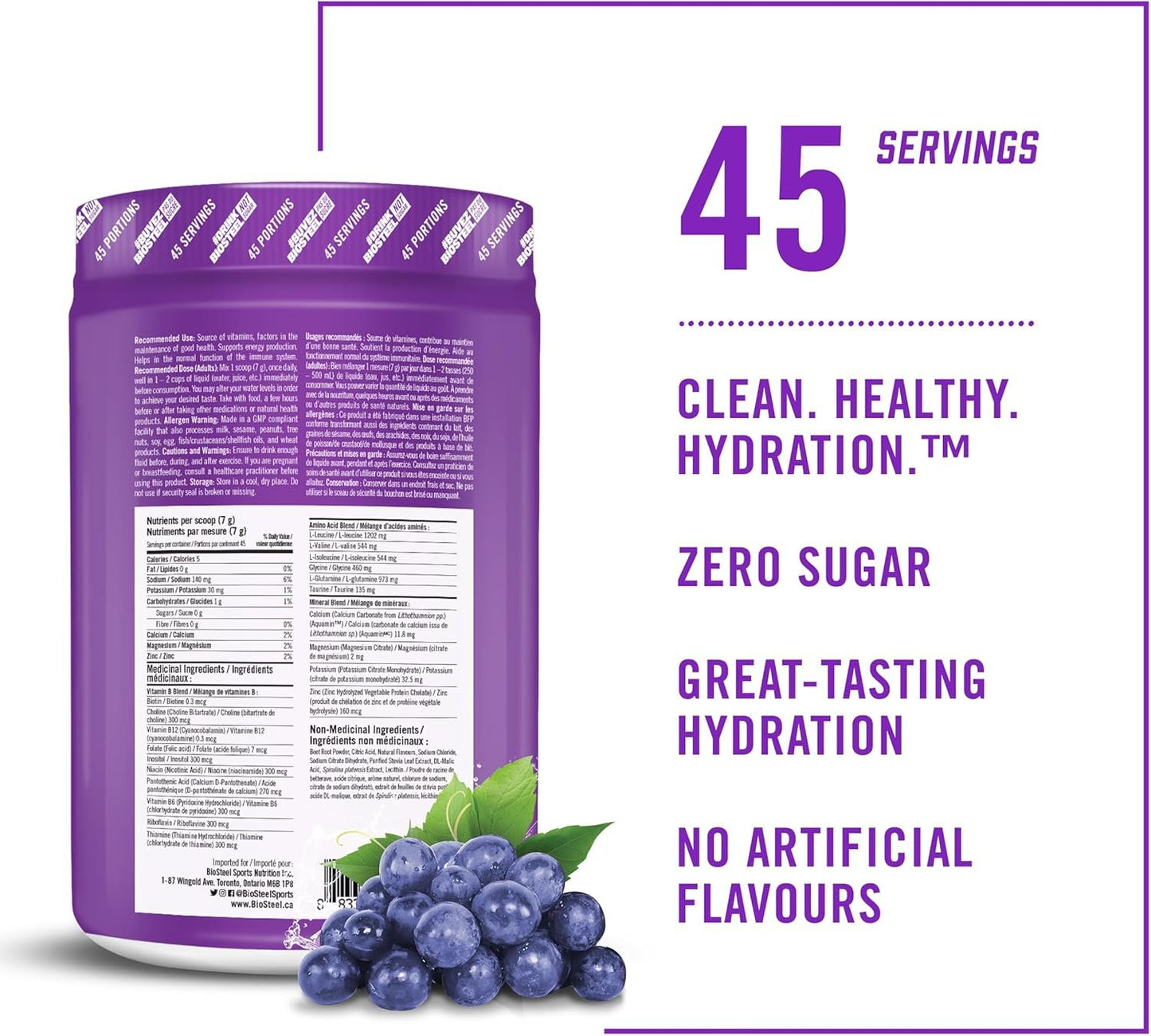 BioSteel Hydration Mix, Great Tasting Hydration with Zero Sugar, and No Artificial Flavours or Preservatives, Grape Flavour, 45 Servings per Tub
