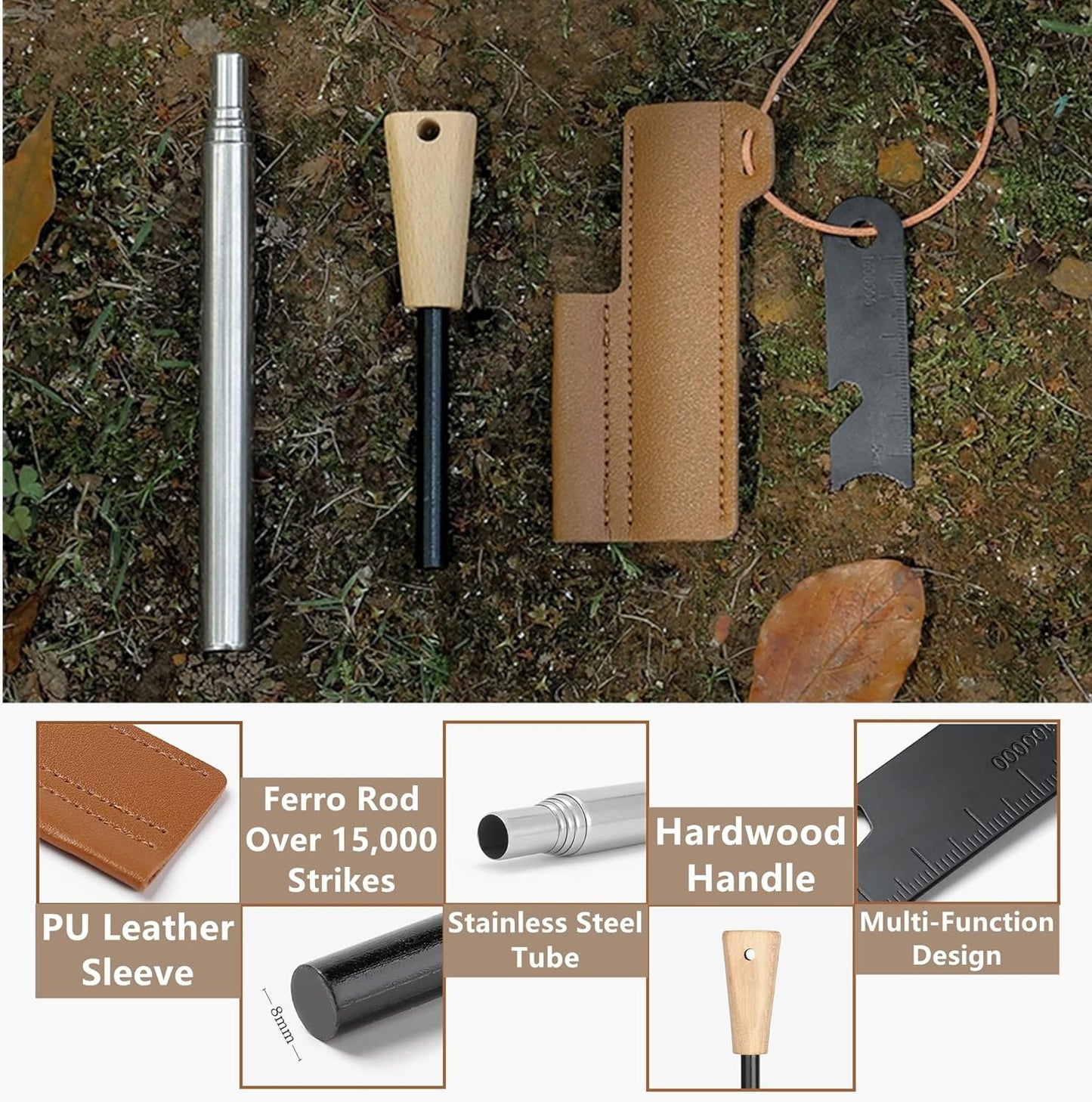 Mastiff Gears® Ultimate Bushcraft Survival Fire Starter Kit with Wood Handle Ferro Rod, Tinder Rope, Tinder Wick, Waterproof Farrow Rod Backpacking Multitool for Campfires and Emergency Situations