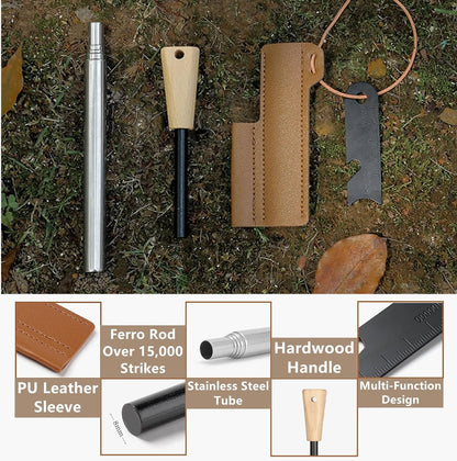Mastiff Gears® Ultimate Bushcraft Survival Fire Starter Kit with Wood Handle Ferro Rod, Tinder Rope, Tinder Wick, Waterproof Farrow Rod Backpacking Multitool for Campfires and Emergency Situations