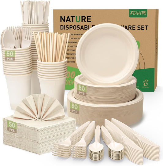 FEHHTO 400PCS Disposable Paper Plates Set, Compostable Eco-Friendly Dinnerware Set, Biodegradable Heavy-Duty Paper Plates, Utensils, Cups and Straws for Party Camping 50 People
