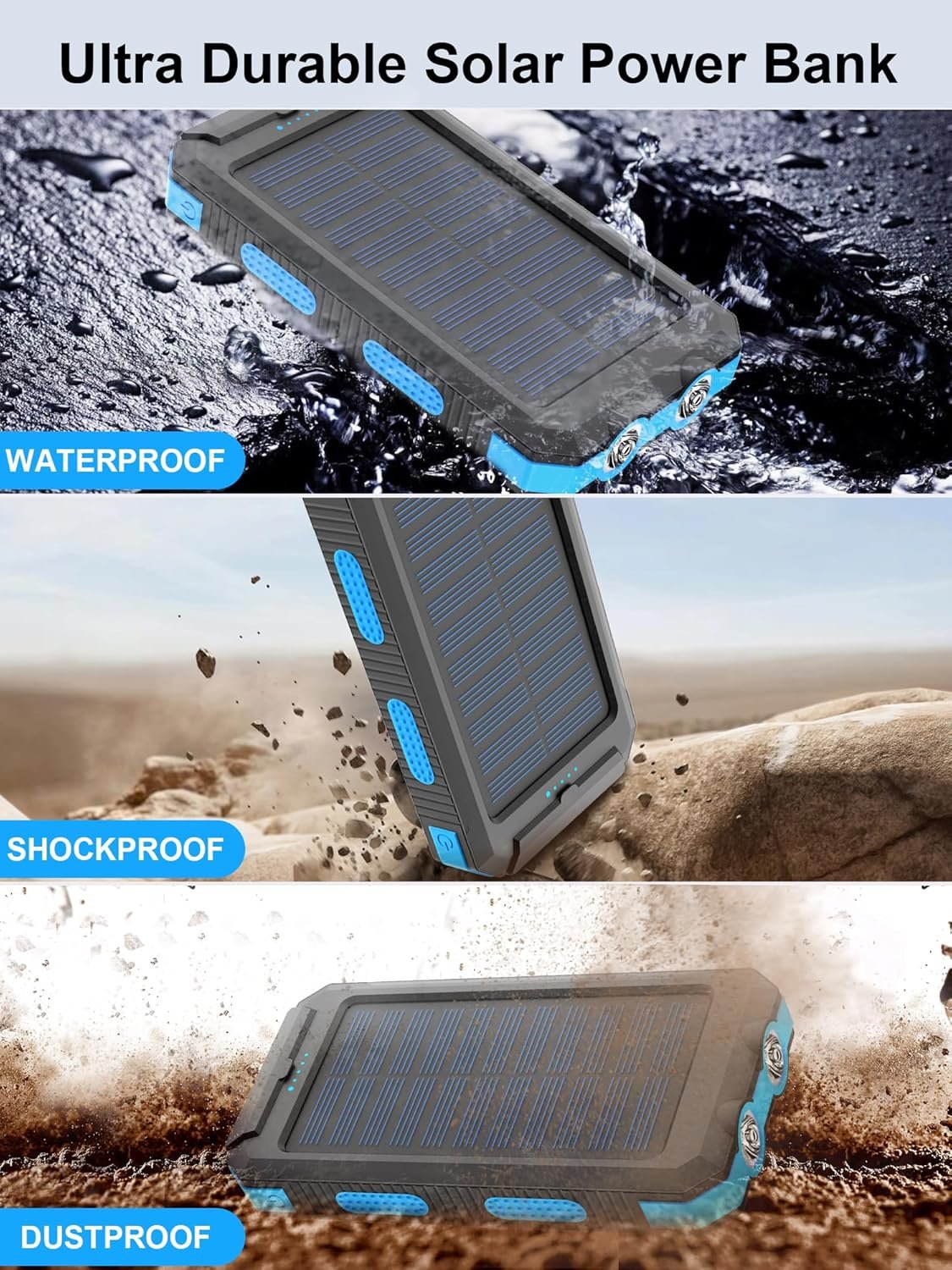 Solar Charger 20000mAh, Portable Solar Power Bank Waterproof Solar Phone Chargers Compatible with All Smartphone External Battery Pack with 2 USB Ports/LED Flashlights for Outdoor Camping(Blue)