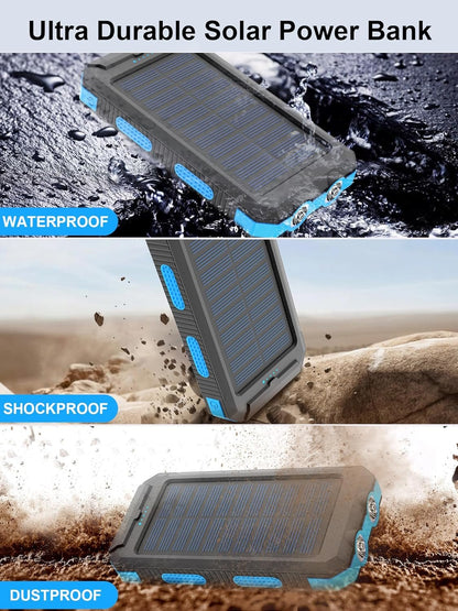 Solar Charger 20000mAh, Portable Solar Power Bank Waterproof Solar Phone Chargers Compatible with All Smartphone External Battery Pack with 2 USB Ports/LED Flashlights for Outdoor Camping(Blue)