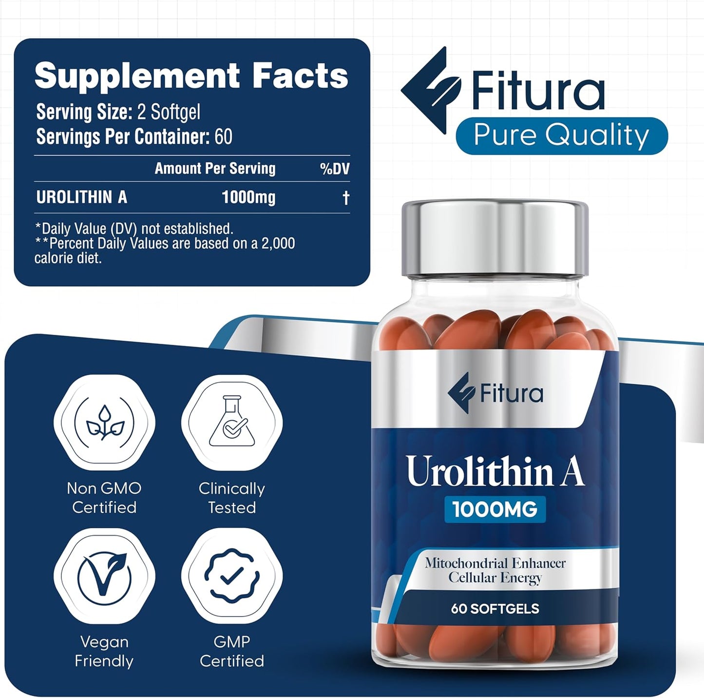 Healthy Aging Urolithin A - 1000mg, 60 Softgels Mitopure - for Muscle Strength & Cellular Energy - Mitochondrial Function & Overall Wellness