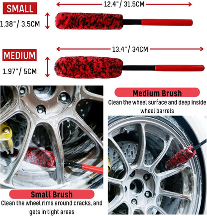 Wheel Brushes for Cleaning Wheels (4 Pro Pack)- 2X Soft Wheel Cleaning Woolies Brush, Detailing Brush and Stiff Tire Brush, Scratch Free Durable Car Wheel Rim Brush Kit for Car Rim and Tire Detailing