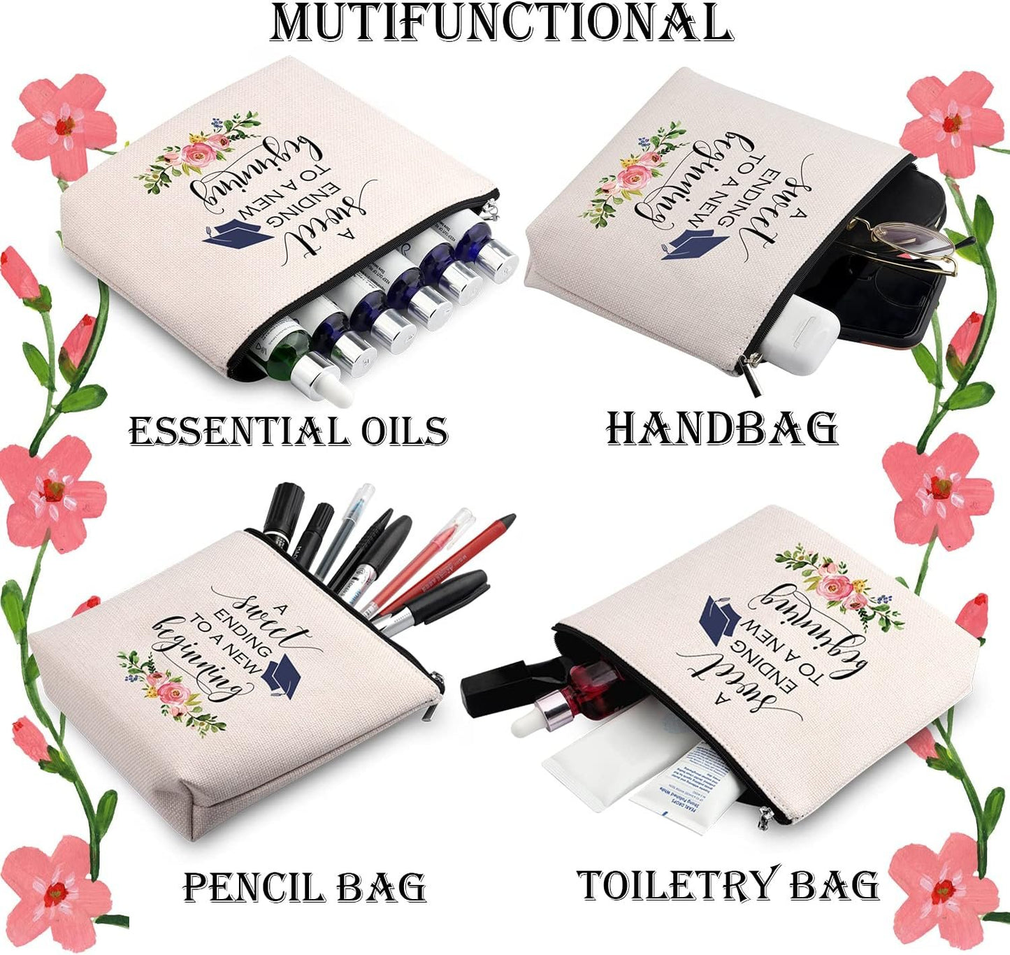 WCGXKO Graduation Gift A Sweet Ending to A New Beginning Zipper Makeup Bags Travel Toiletry Bag Accessories (A Sweet Ending CA)