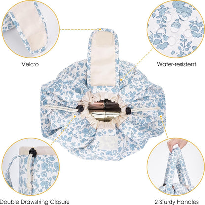 Barrel Drawstring Makeup Bag Large Cosmetic Bag Women Toiletry Organizer for Travel Toiletries Accessories Essentials（Little Blue Flower）
