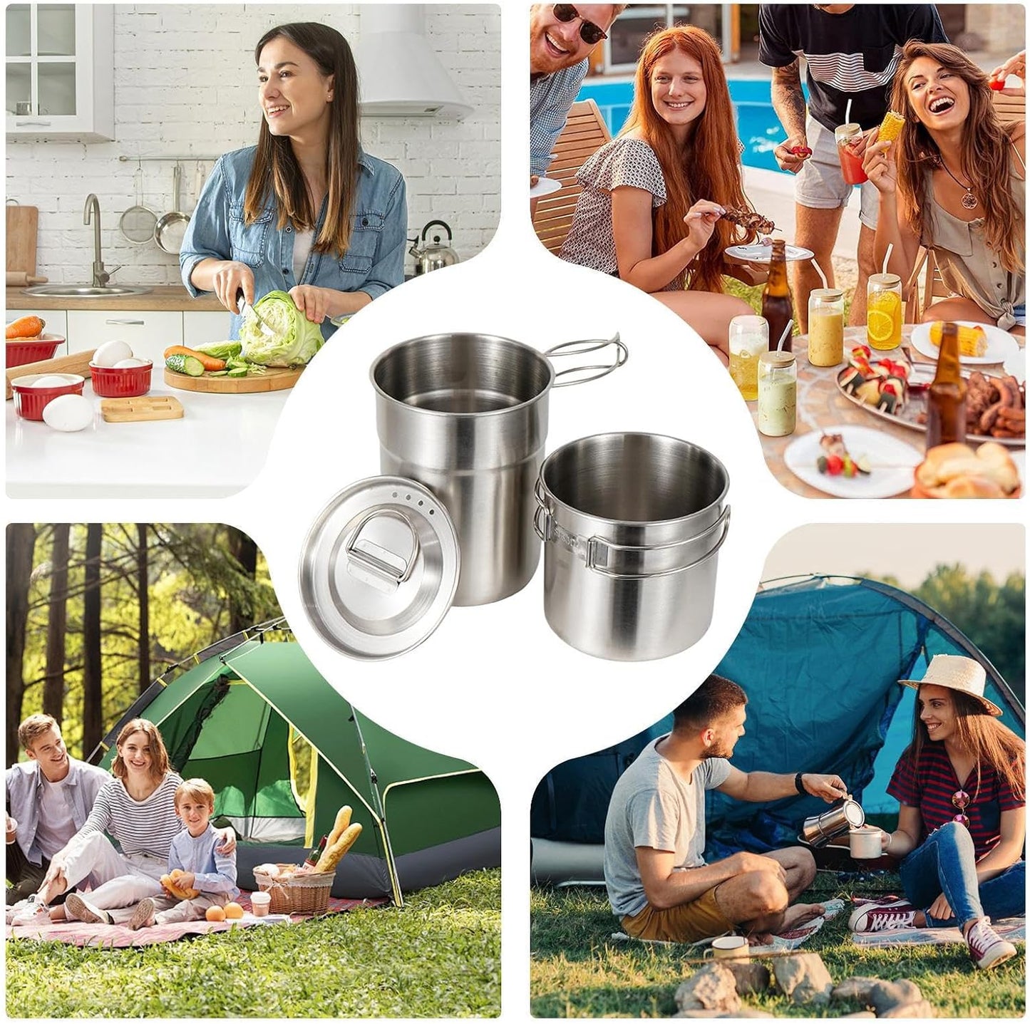 Camping Cook Set, Stainless Steel Cooking Set, Folding Gear, Compact Outdoor Cookware Kit for Hiking, Picnic, Fishing, Backpacking, Travel, Bushcraft, Car, RV, Beach, Home