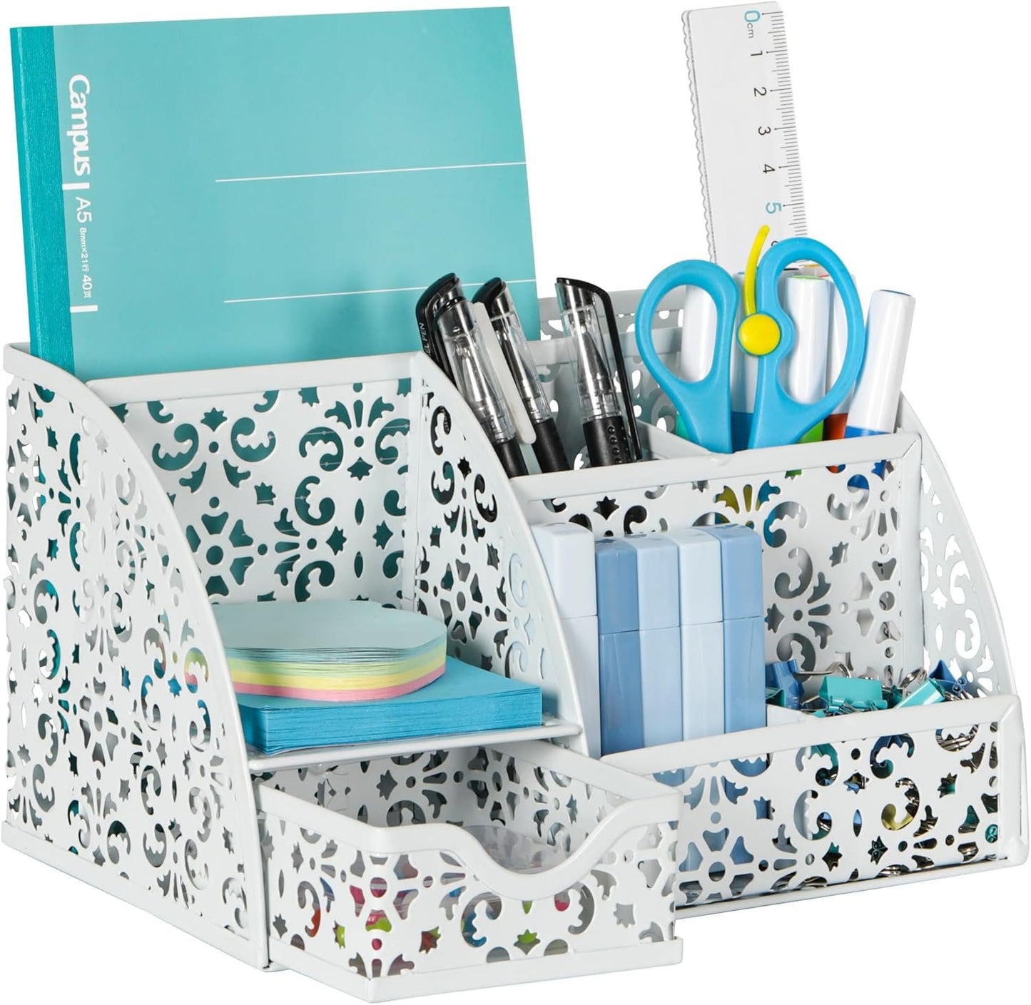 EasyPAG Desk Organizers with Drawer Office Desk Accessories Pen Holder Metal Desk Organizer with 5 Compartments 1 Drawer for Office Supplies,White