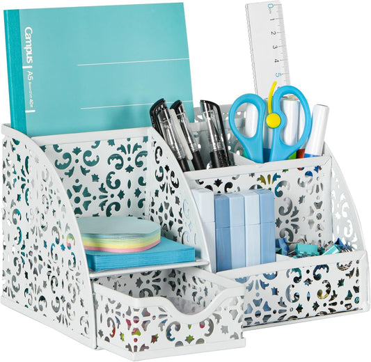 EasyPAG Desk Organizers with Drawer Office Desk Accessories Pen Holder Metal Desk Organizer with 5 Compartments 1 Drawer for Office Supplies,White