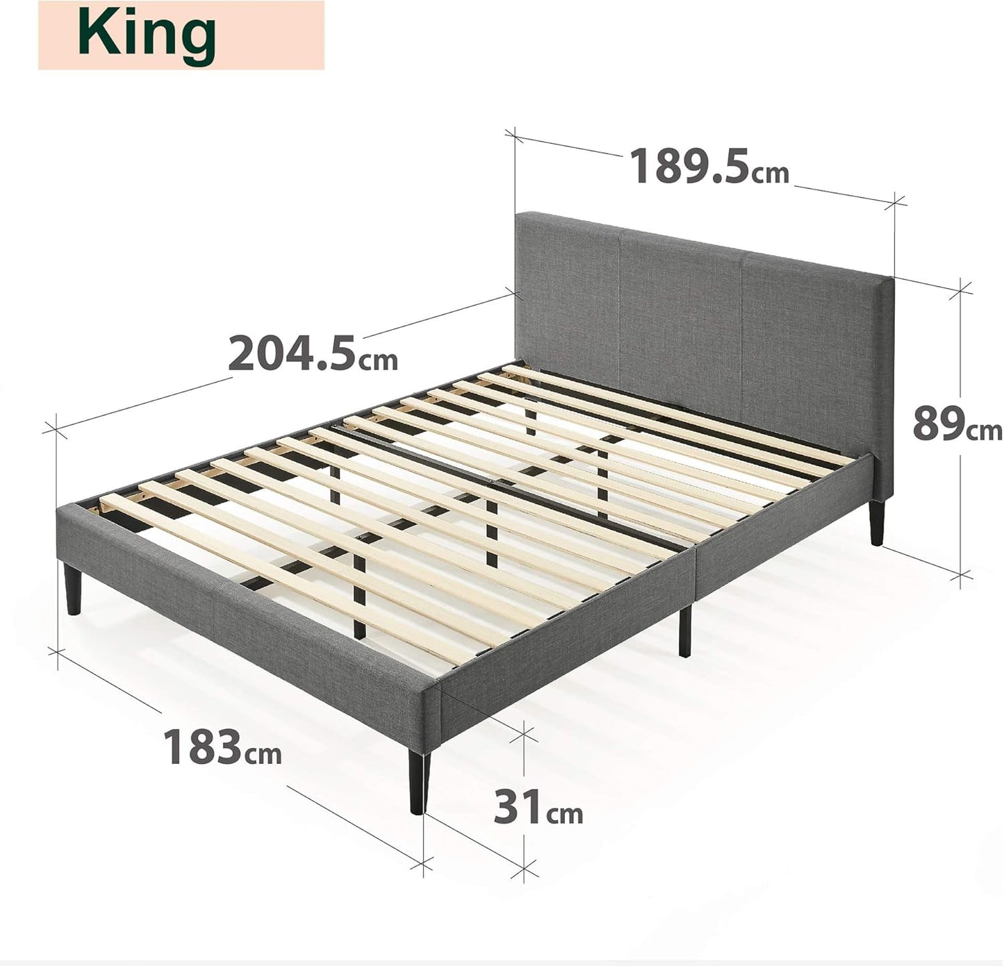 Zinus Liam Queen Bed Frame Platform / Bedroom Furniture/Dark Grey Fabric