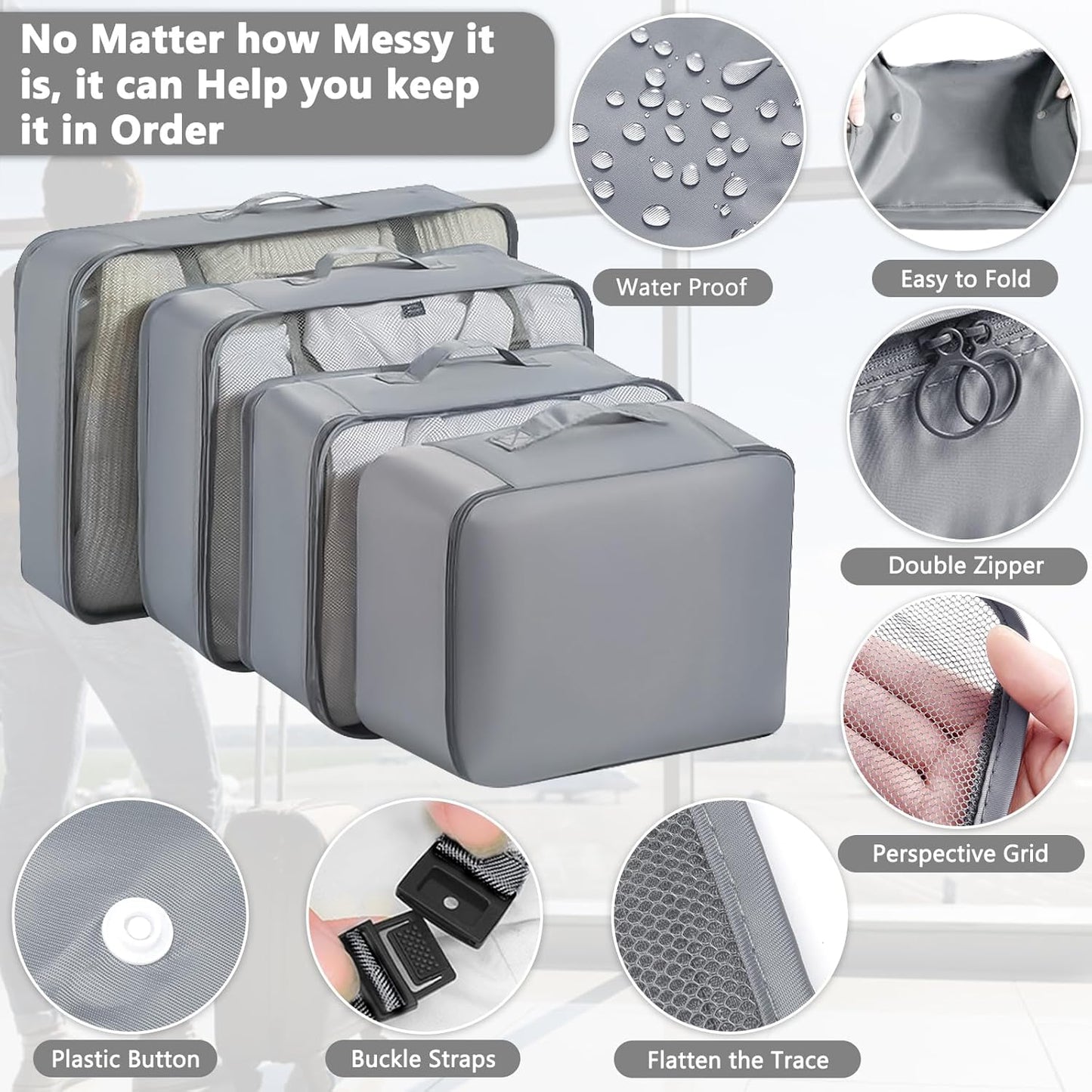 MOOING 12 Pieces Travel Suitcase Organizer Set, Travel Cube System, Separators for Travel, Travel Organizer, Packing Cubes, Storage Case Set for Clothes, Shoes, Underwear (Grey)