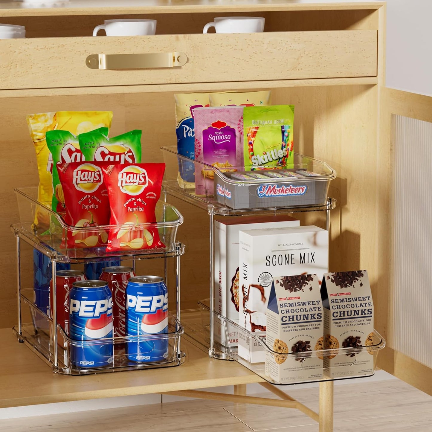 Delamu 2 Sets of 2-Tier Clear Under Sink Organizers and Storage, Multi-Purpose Stackable Bathroom Cabinet organizers, Pull Out Kitchen Pantry Organization and Storage with Dividers