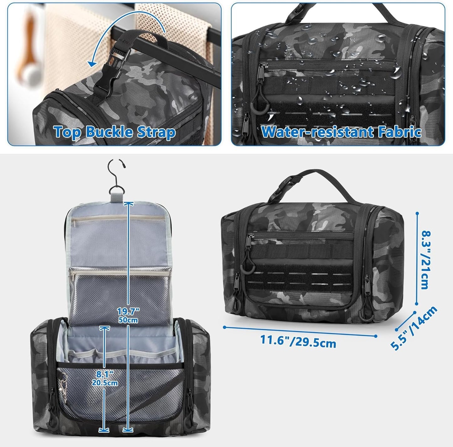 Prokva Hanging Toiletry Bag for Men, Tactical Dopp Kit Toiletry Travel Bag, Large Hygiene Organizer Shower Bag for Camping Outdoor, Black Camo