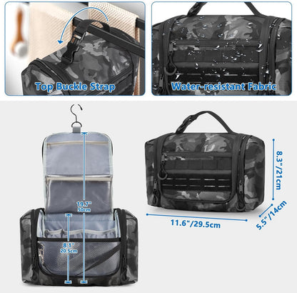 Prokva Hanging Toiletry Bag for Men, Tactical Dopp Kit Toiletry Travel Bag, Large Hygiene Organizer Shower Bag for Camping Outdoor, Black Camo