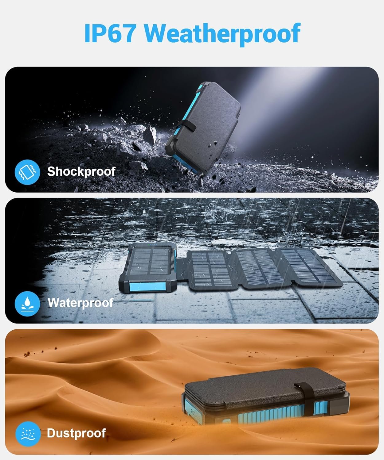 Solar Power Bank 38800mAh with 4 Solar Panels, Power Bank USB-C 18W Fast Charge for Compatible Phones, IP67 Waterproof Outdoor External Batteries with Flashlight Light/SOS/Strobe