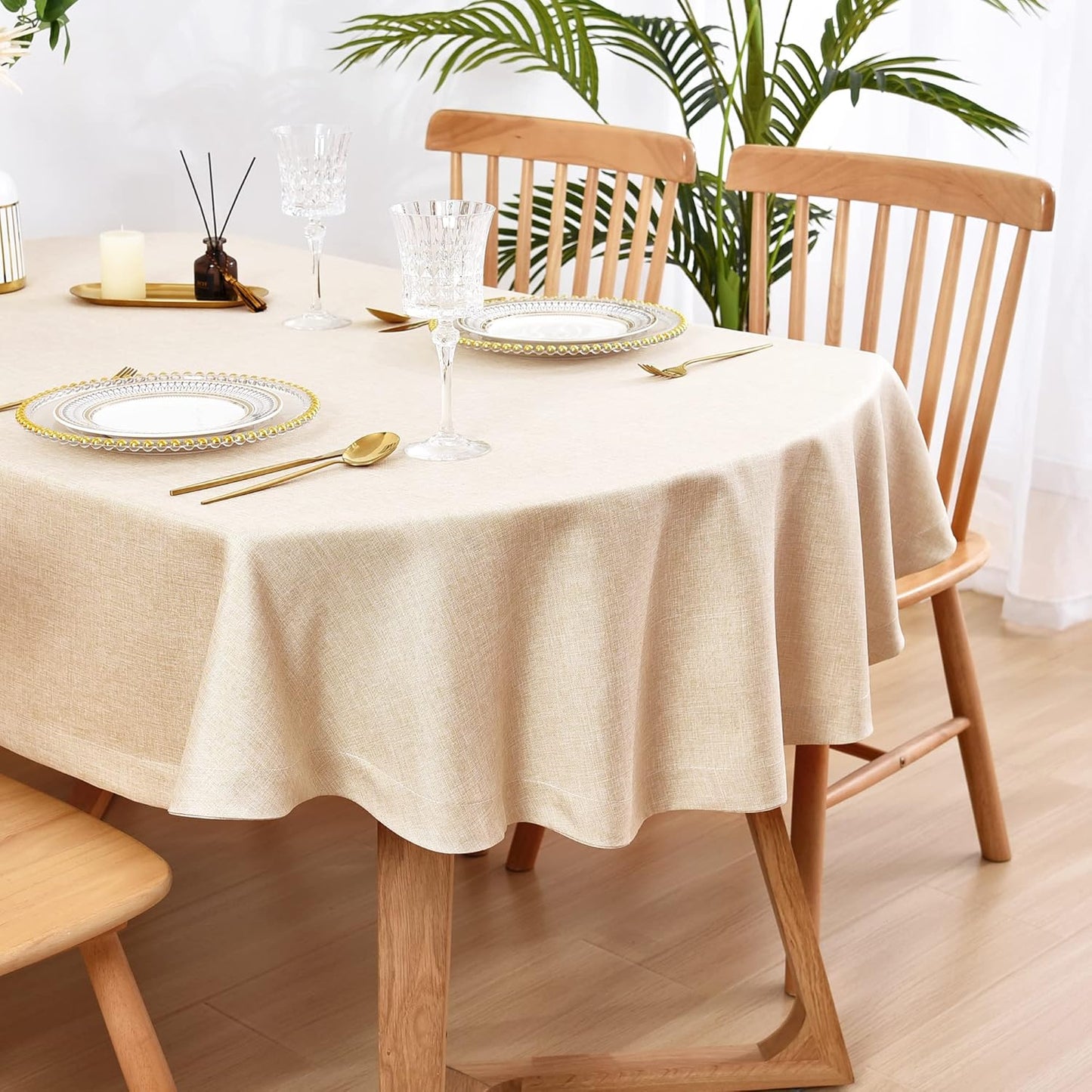 Wolkemer Faux Linen Oval Tablecloth Heavy Duty Wrinkle Resistant Fabric Table Cloths 60 x 102 Inch Beige Farmhouse Rustic Table Cover for Kitchen Dining Indoor Outdoor Tabletop Decoration