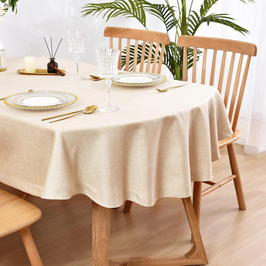 Wolkemer Faux Linen Oval Tablecloth Heavy Duty Wrinkle Resistant Fabric Table Cloths 60 x 102 Inch Beige Farmhouse Rustic Table Cover for Kitchen Dining Indoor Outdoor Tabletop Decoration