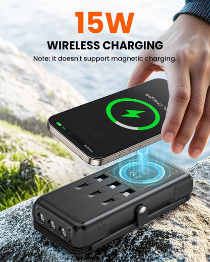 SOARAISE Wireless Solar Power Bank, 25000mAh Solar Charger with Built-in 3 Cables, Dual Outputs, 4 Solar Panels & 3 LED Flashlights Battery Pack for Outdoor Camping（Black）