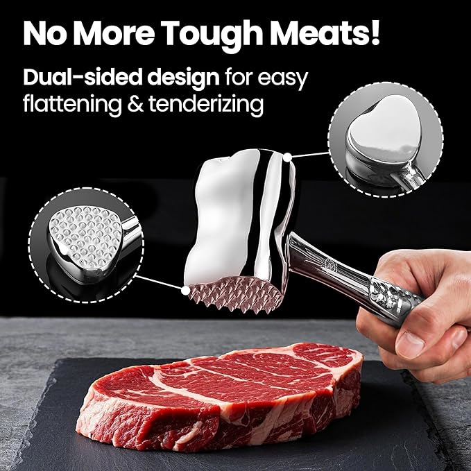 Meat Tenderizer Mallet Stainless Steel, Premium Meat Hammer Tenderizer with New Heart Design, Kitchen Mallet for Chicken, Conch, Veal Cutlets & Beef, Steak Pounder Flattener with 5 years Warranty