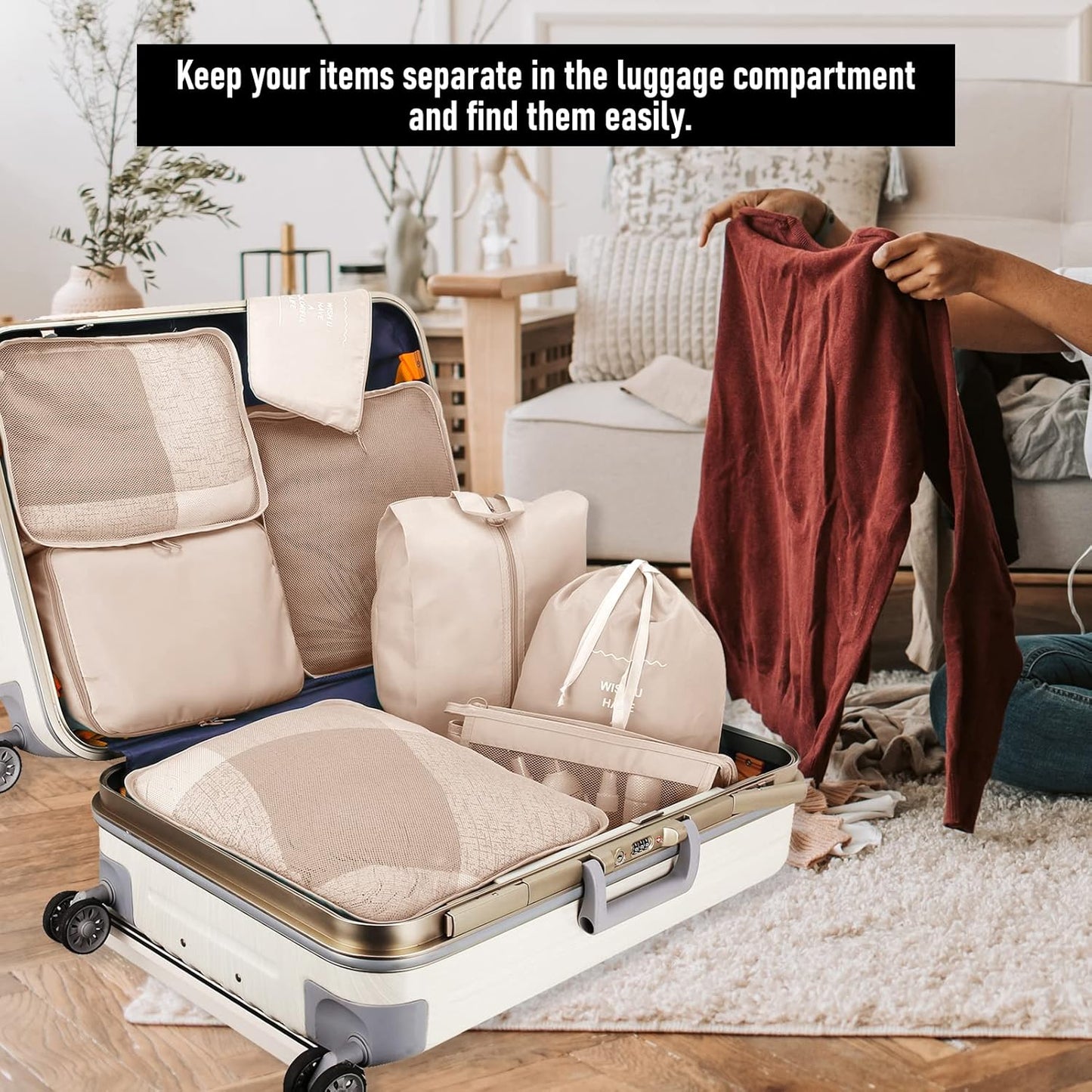 Neween 8 Set Packing Cubes for Suitcases, Travel Luggage Organizer with Shoe Bag, Toiletry Bag & Laundry Bag, Compression Packing Cubes Set Travel Accessories Clothes Storage Bag (Beige)