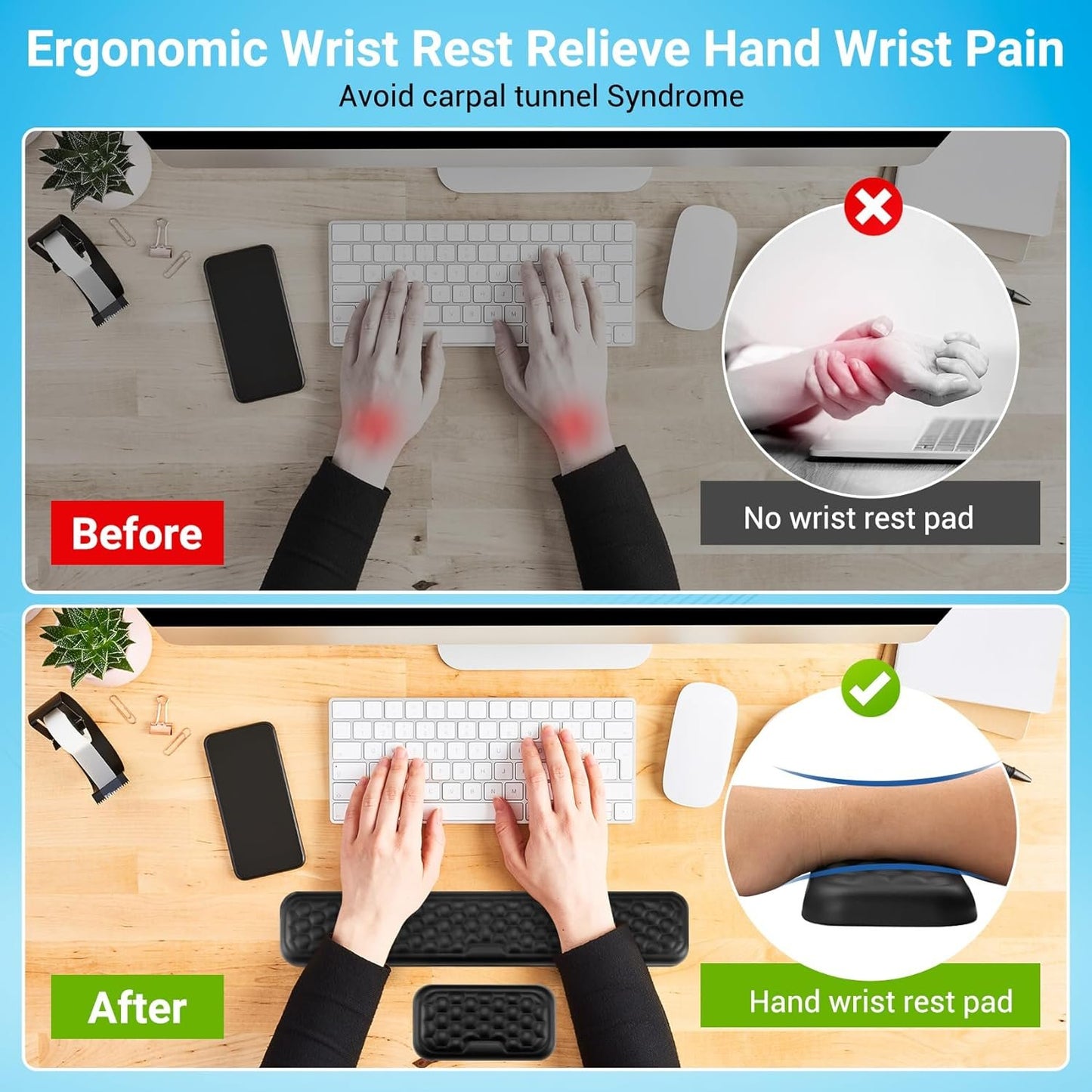 Hcskoss Keyboard Mat Set - Keyboard Wrist Rest Elbow Rest Pad Keyboard Mat Ergonomic Keyboard Mouse Pad with Wrist Support,Soft Memory Foam & Anti-Slip Base & Pain Relief for Office,Computer Gaming